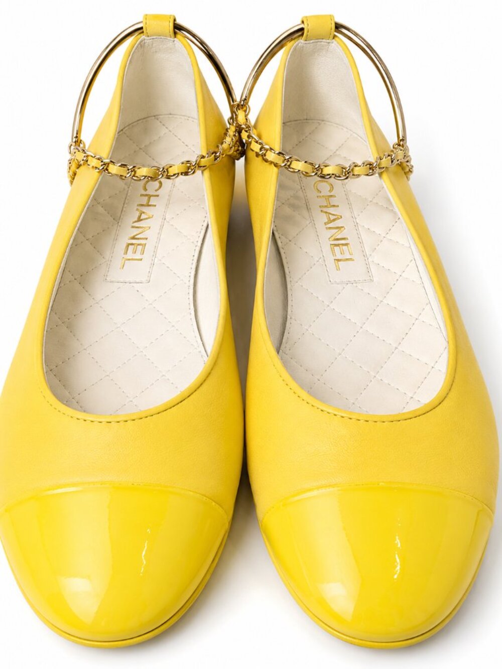 CHANEL Yellow Leather Ballet Flats Gold Chain Size 39.5
